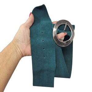 Vtg 80s Chicos Teal Suede Leather Wide Waist Belt Sz M Silver Oval Buckle